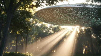 Alien spaceship hovering above misty forest landscape at dawn, conceptual background