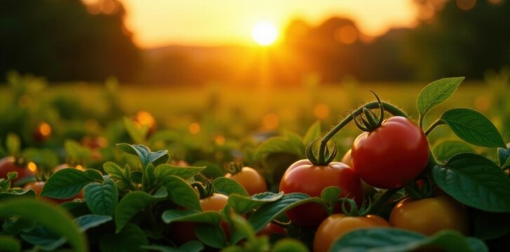 Golden sunrise bathes vibrant tomato plants in a lush field , stems, organic