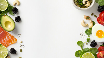 Keto diet ingredients with salmon, avocado, lime, and herbs on white background