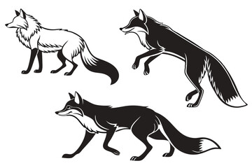 Fototapeta premium Fox silhouettes set showing vector wildlife clipart and animal designs
