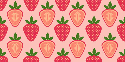 Seamless pattern with strawberries. Pattern alternates between whole strawberries with green leaves and halves of berries, on which seeds and insides of fruit are visible on pink background
