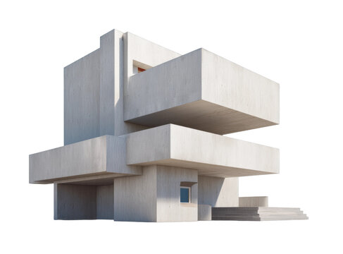 Modern minimalist concrete building with geometric design and tiered structure