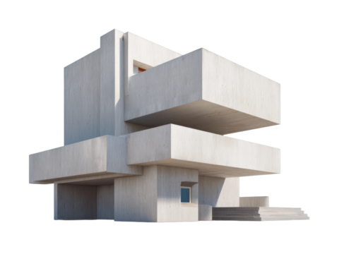 Modern minimalist concrete building with geometric design and tiered structure