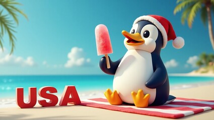 Naklejka premium Penguin wearing Santa Hat holds Popsicle at Tropical Sandy Beach with Ocean