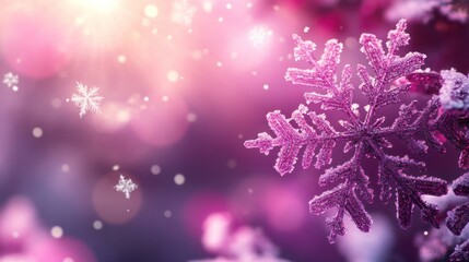 Pink Winter Wonderland: Enchanting Snowflake Scene with Bokeh Lights and Soft Hues