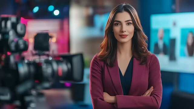 Confident female news anchor presenting in a modern studio with colorful background lights