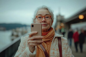 Senior female traveler using her smartphone for a quick photo, celebrating active aging, tourism, and digital engagement.