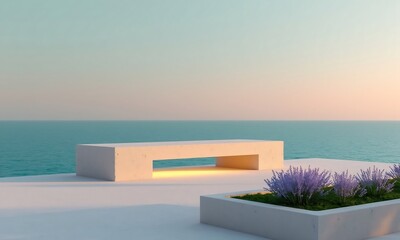 Obraz na płótnie Canvas Minimalist architectural bench with ocean view and lavender in soft pastel sunset hues