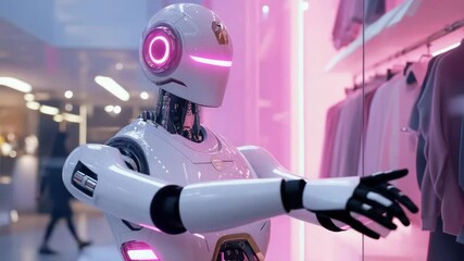 Futuristic robot with neon pink accents in modern clothing store, exploring fashion during flash sale concept