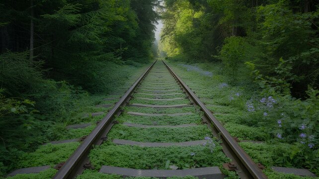 Rewilding railway tracks through a lush forest showcasing natural reclamation and regrowth