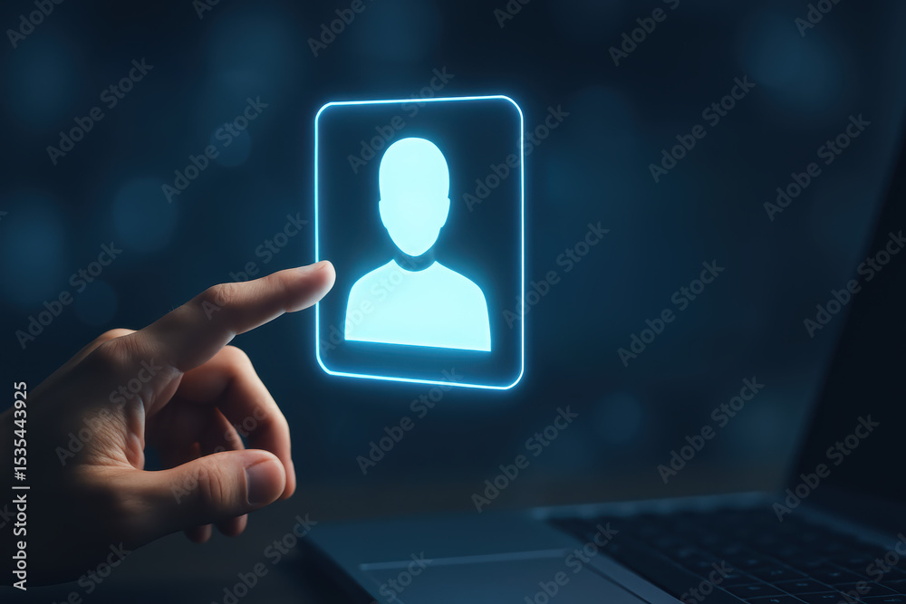 Poster a interacts with a glowing digital interface displaying a user profile icon symbolizing verification