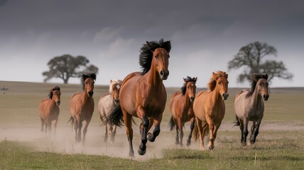 Obraz premium Rewilding horses running free across the prairie landscape, a powerful display of nature