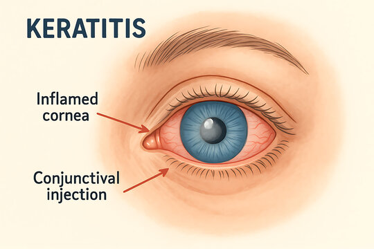Keratitis illustration showing inflamed cornea and conjunctival injection, highlighting importance of eye health and awareness