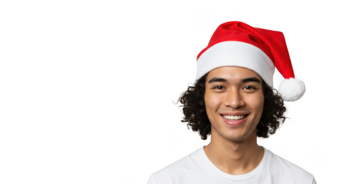 Smiling man with santa hat isolated on transparent background