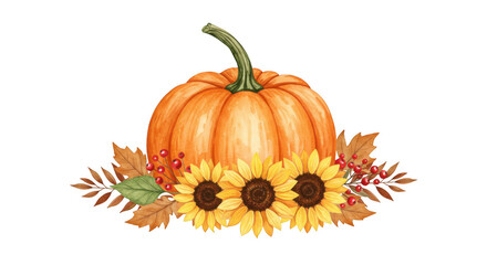 Watercolor pumpkin with sunflowers, leaves and berries arrangement isolated on transparent background