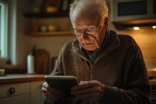 Elderly man using a digital tablet in a cozy kitchen environment, showing focus and curiosity as he navigates modern technology with determination and grace.