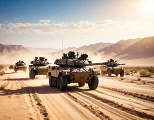 Military vehicles traverse sandy desert landscape, showcasing armored tanks in formation under bright sky. scene captures essence of strength and precision in military operation
