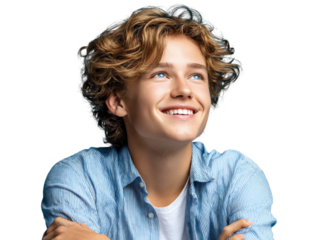 Optimistic Boy: A young man gazes upward with an enthusiastic expression, captured in a vibrant close-up. His infectious smile and lively appearance portray his positive outlook.