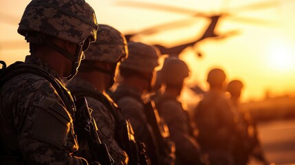Fototapeta premium Military Soldiers in Tactical Gear at Sunrise with Helicopter