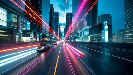 High-speed traffic and neon light trails on city highway during night in a futuristic urban landscape - Powered by Adobe