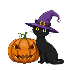 Cartoon black cat with halloween pumpkin wearing a witch hat isolated on transparent background