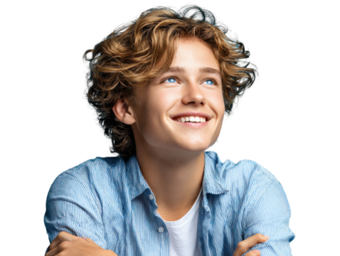 Optimistic Boy: A young man gazes upward with an enthusiastic expression, captured in a vibrant close-up. His infectious smile and lively appearance portray his positive outlook.