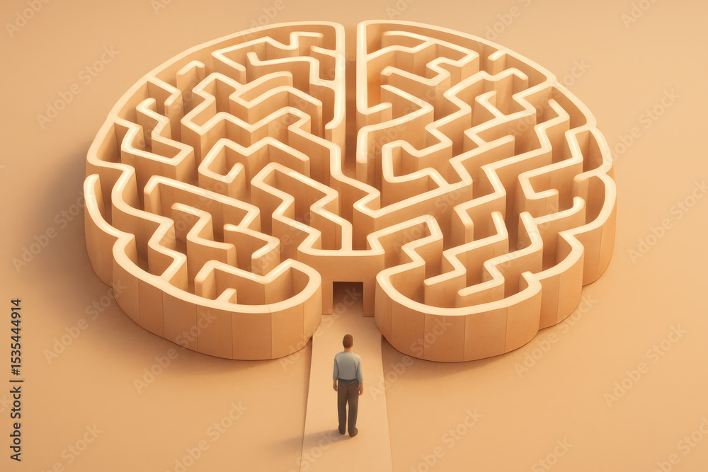 Poster a person faces a complex challenge symbolized by a brain-shaped maze illustrating problem-solving an