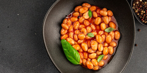 Bean stew tomato sauce cranberry beans vegetable dish beans borlotti fresh delicious gourmet food background on the table rustic food top view copy space keto and paleo diet vegan and vegan food