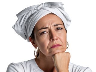 Woman Contemplating: A thoughtful middle-aged woman with a white towel on her head, rests her chin on her fist, her expression conveying contemplation, concern, or perhaps quiet determination.