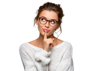 Thoughtful Woman with Glasses: A young woman with glasses, wearing a cream-colored sweater, thoughtfully touches her chin, gazing upwards with a pensive expression.