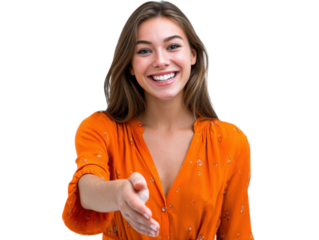 Friendly Gesture: A warm and inviting woman extends her hand in a welcoming gesture, radiating positivity and approachability. A symbol of friendship and cooperation.