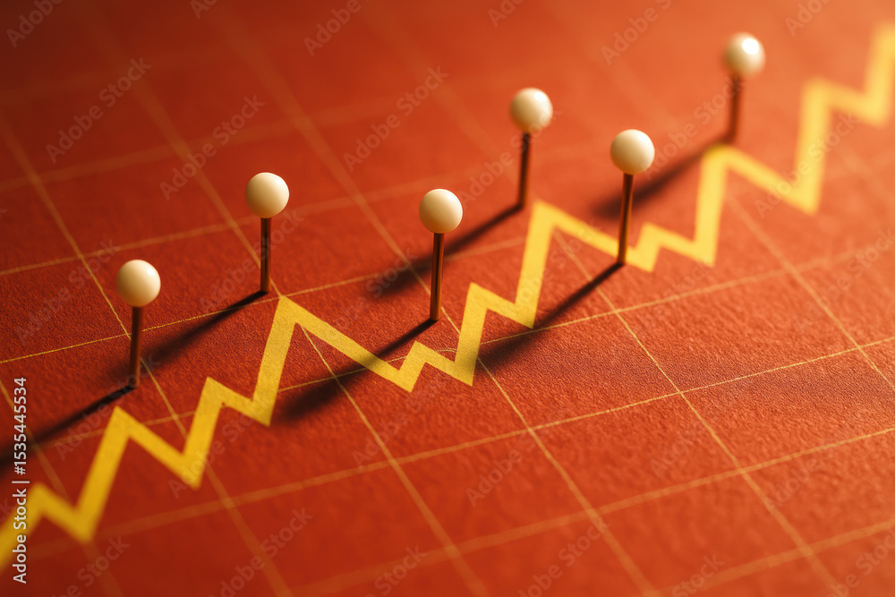 Poster fluctuating trends on a textured grid surface marked by pins symbolize dynamic progress and data ana