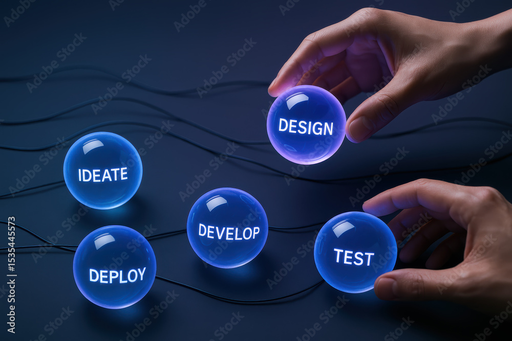 Poster a digital representation the process from ideation to deployment highlights stages testing design an