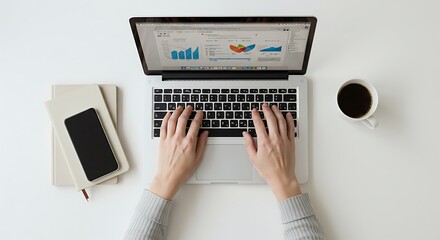 Person Typing on Laptop with Data Charts on Screen on White Desk