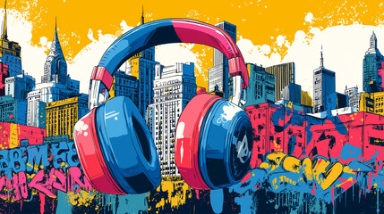 Colorful Headphones Over Vibrant City Skyline Artwork. Ideal for Music Events, Urban Art Posters and Modern Creative Design Projects
