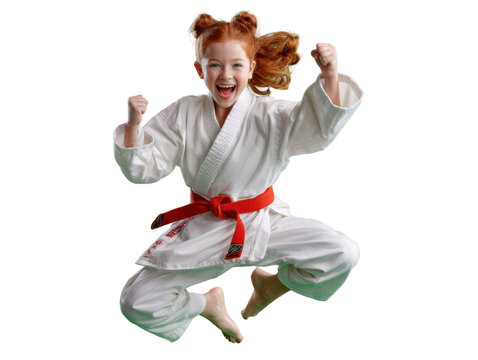 Joyful Karate Kid: A vibrant young girl with fiery red hair, dressed in a pristine white karate gi and an orange belt, leaps triumphantly into the air.