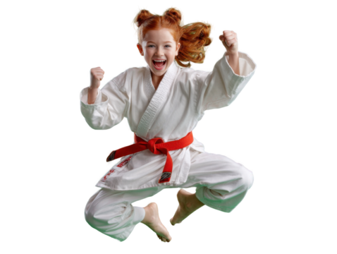 Joyful Karate Kid: A vibrant young girl with fiery red hair, dressed in a pristine white karate gi and an orange belt, leaps triumphantly into the air.