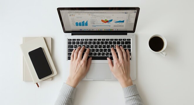 Person Typing on Laptop with Data Charts on Screen on White Desk