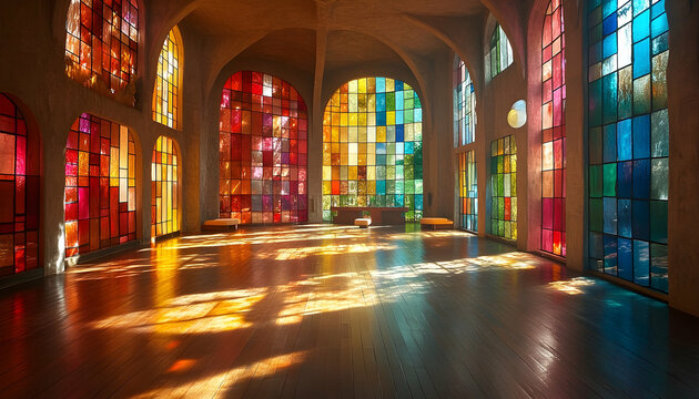 Vibrant sunlit room with many colorful stained-glass windows casting kaleidoscopic light patterns on a polished wood floor