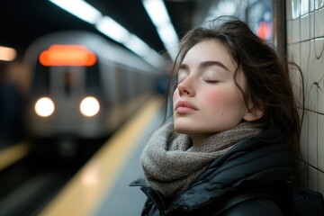 A tired commuter finds a moment of calm in the chaos of urban life, leaning against a subway wall with her eyes closed as a train approaches in soft blur.