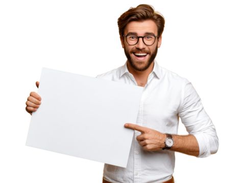 Man Presenting Blank Sign: A friendly, well-groomed man with glasses beams with confidence as he points towards a blank sign, perfect for adding your own custom message or text.