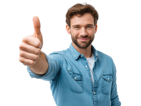 Thumbs Up of Confidence: A confident man with a warm smile, expressing approval and positivity with a clear thumbs-up gesture.