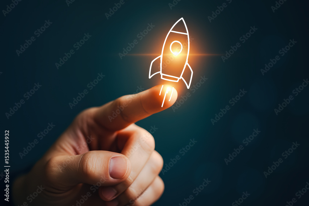 Poster a close-up a with an extended index points upward symbolizing innovation and progress in business st