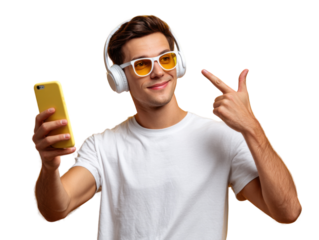 Tech-savvy: Smiling man, eyeglasses, headphones and smartphone, immersed in a world of sound and connected technology. Capturing a moment of leisure and auditory exploration.