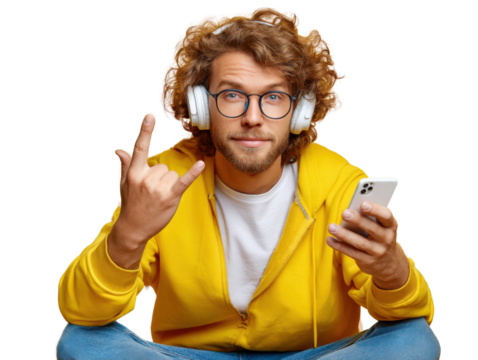Modern Music Enthusiast: A stylish individual, adorned with modern headphones, a bright yellow hoodie, and fashionable glasses, engrossed in the music from their smartphone.