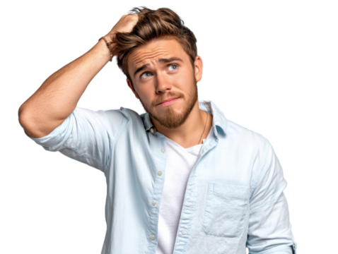 Pensive Thought: A person with a thoughtful gaze and a hand in hair, isolated on a neutral background, portrays the complexity of contemplation.