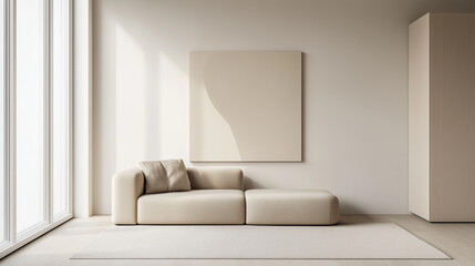 Fototapeta premium Minimalist living room with beige sofa and abstract art, bathed in soft natural light, embodying contemporary elegance and tranquility.