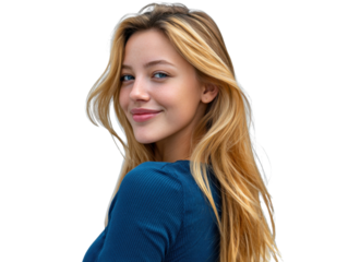 Radiant Youth: A captivating portrait of a young, beautiful woman with a tender gaze and flowing blonde locks. The natural lighting enhances her delicate features.