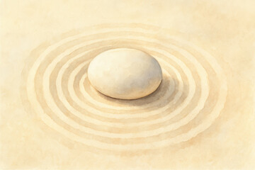 Naklejka premium The symbolizes balance and focus through concentric grooves in fine white sand surrounding a smooth oval stone reflecting calm and steady progress in business