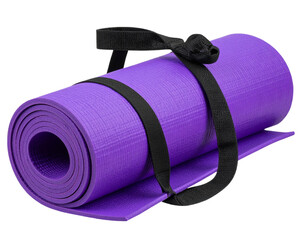 Rolled Up Purple Yoga Mat with Strap, Isolated on Transparent Background
